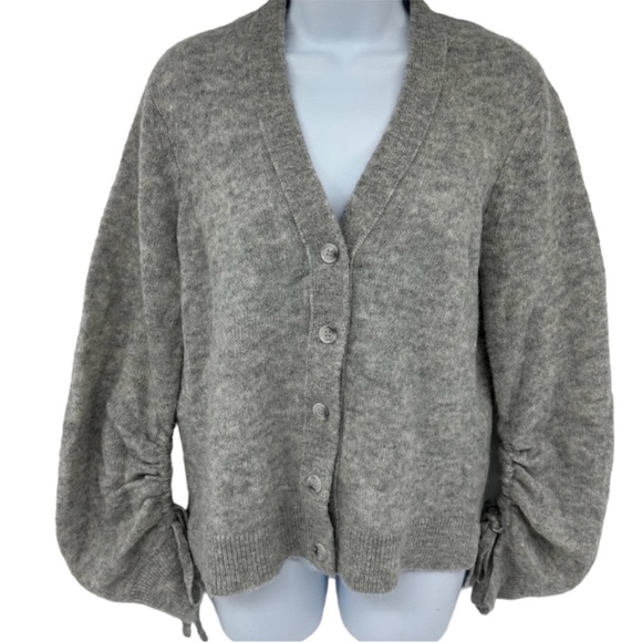 3.1 Phillip Lim | Light Grey Melange Alpaca Blend Shirred Sleeve Cardigan | XS - Picture 2 of 12